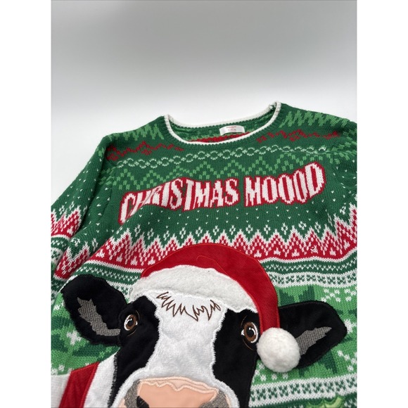 Holiday Time Christmas Moood Ugly Sweater Cow Bell Size Medium Heifer Green - Picture 4 of 15